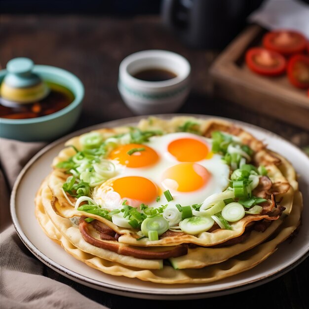 Jianbing mit einem gebratenen Ei und grüner Zwiebel auf einem hölzernen Hintergrund