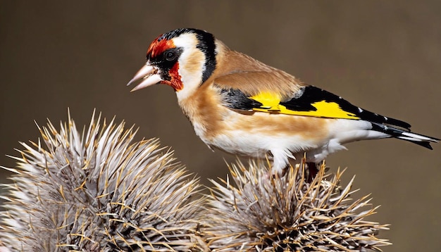 Jilguero europeo con plumaje juvenil alimentándose de las semillas de cardos Jilguero europeo juvenil o simplemente jilguero nombre latino Carduelis carduelis Encaramado en una rama de cardo