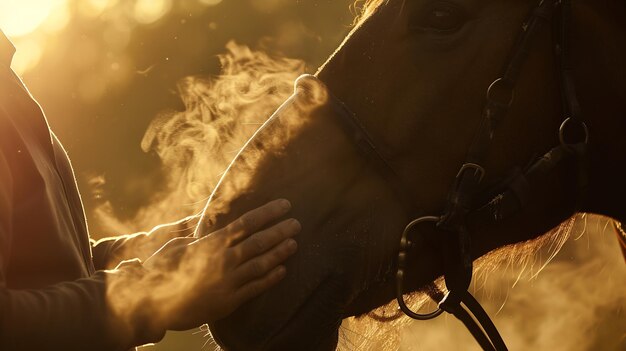 Foto el jinete acaricia el hocico de un caballo de bahía de cerca en los rayos del sol matinal ai generativa