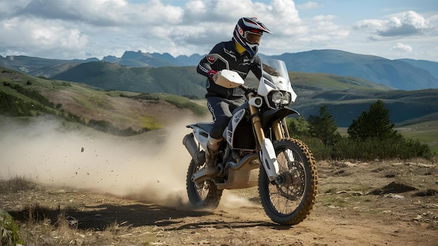 El jinete aventurero conquista terrenos desafiantes en una bicicleta de tierra pateando nubes Concepto Deportes Extremos Bicicleta de tierra Adrenalina Rush Aventura al aire libre Terrenos desafiantes