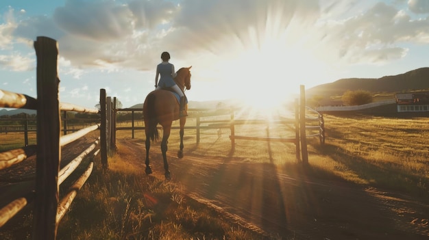 Un jinete a caballo disfruta de un paseo tranquilo al atardecer en el campo