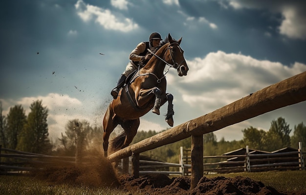 Jinete a caballo saltando sobre un obstáculo con IA generada