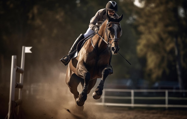 Jinete a caballo saltando sobre un obstáculo con IA generada