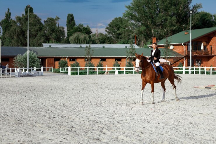 Foto jinete mujer elegante montando su caballo afuera