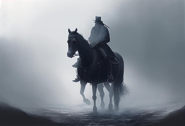 Jinete negro sobre un caballo durante la niebla AI generado