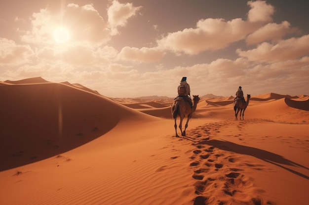 Jinetes de camellos caminando sobre un hermoso desierto dorado caravana de camellos de cielo despejado