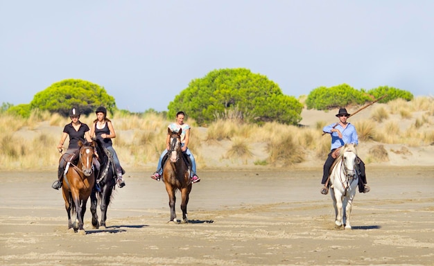 Jinetes y su caballo en la playa.