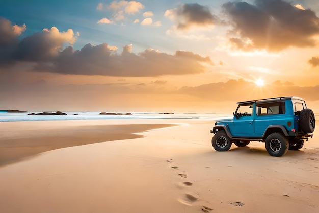 Jipe azul em uma praia com pegadas na areia.