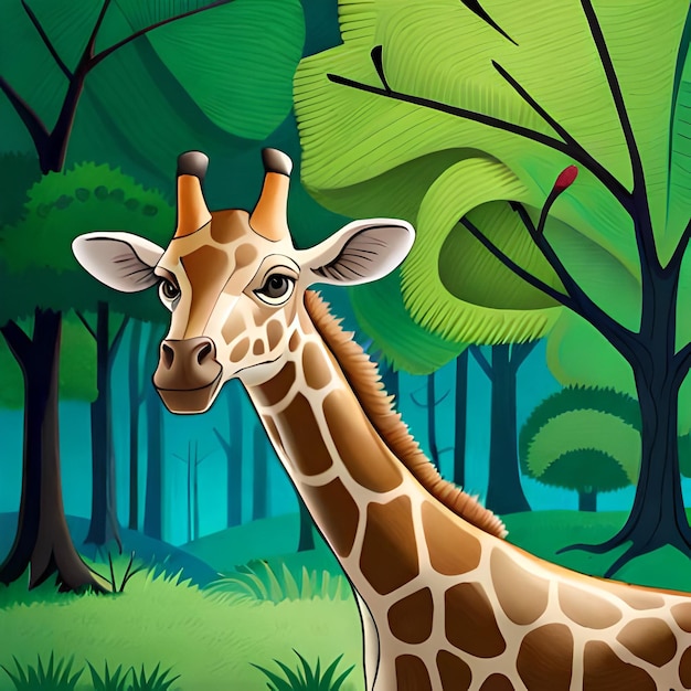 Una jirafa en un bosque con un fondo verde y un dibujo de un árbol.