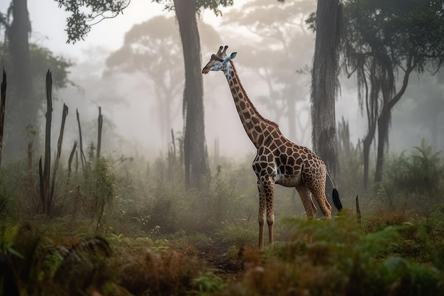 Una jirafa se para en el bosque temprano en la mañana.