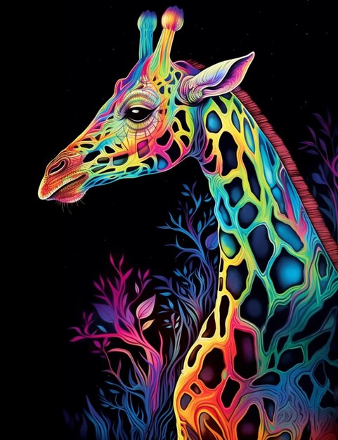Foto jirafa de colores brillantes de pie en un campo de hierba y plantas generativas ai