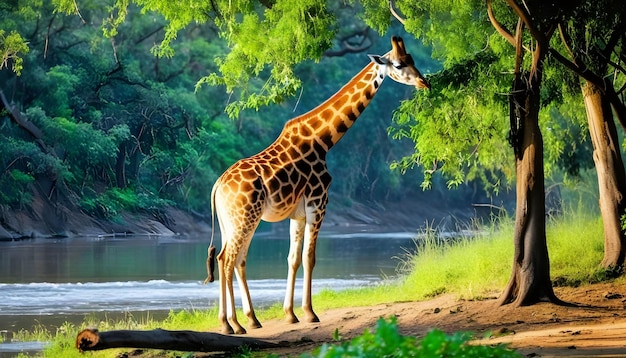 Foto una jirafa comiendo hierba en el bosque.