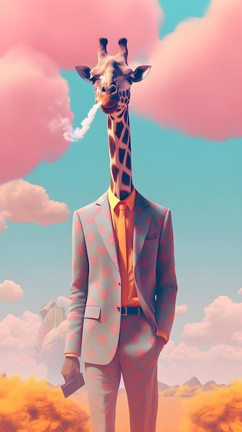 Una jirafa con cuello que está de pie frente a un cielo rosa.