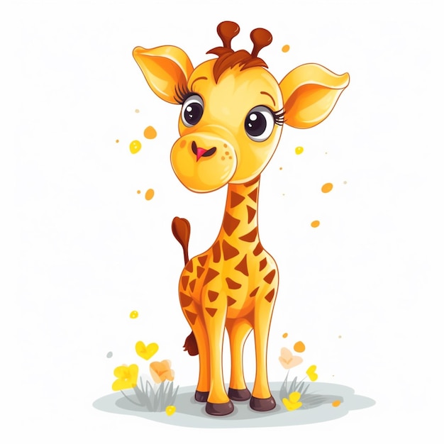 jirafa de dibujos animados con ojos grandes y un cuello largo de pie en la hierba generativa ai