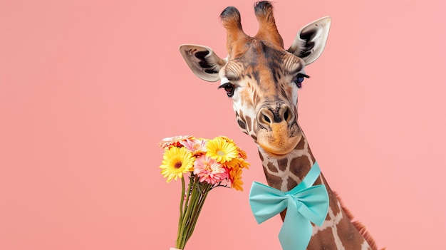 Una jirafa divertida con una corbata azul sosteniendo un ramo de flores frente a un fondo rosa