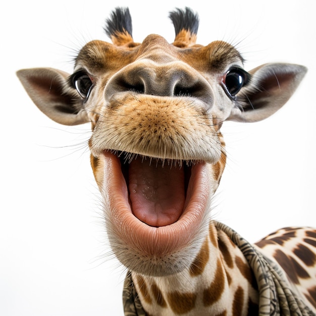 Una jirafa divertida tomando un selfie sobre fondo blanco.