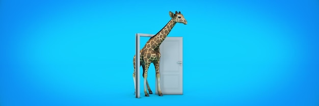 la jirafa entra por la puerta abierta. representación 3d