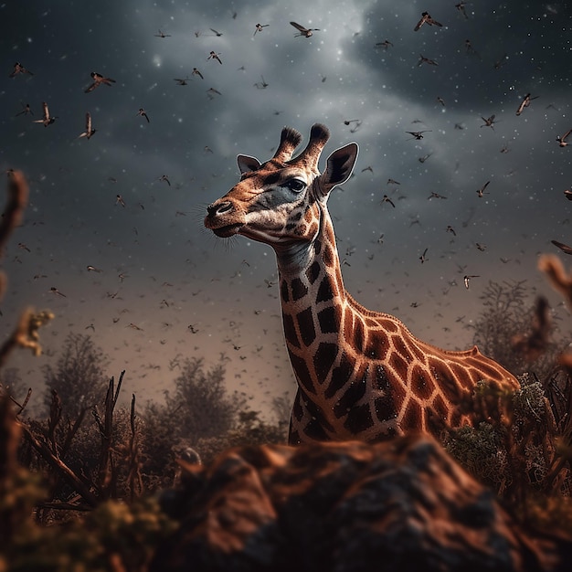 Una jirafa está parada en un campo con un cielo nublado al fondo.
