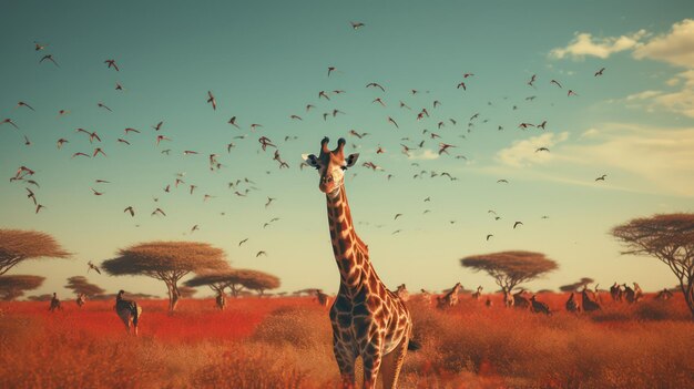 Foto una jirafa jugando persiguiendo a una bandada de pájaros pequeños en una sabana