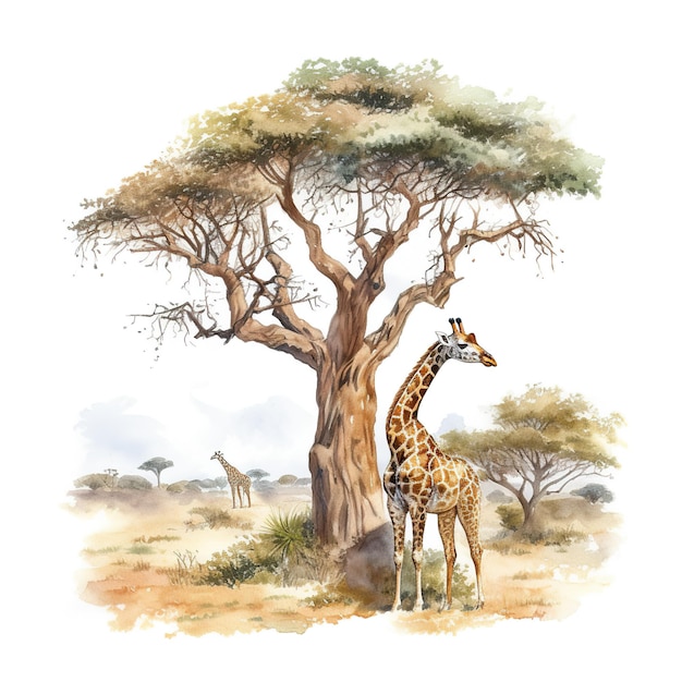 Una jirafa junto a un árbol en un campo Imagen generativa de IA
