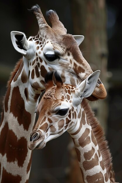 Foto la jirafa lame el cuello de su madre en el zoológico de chapultepec