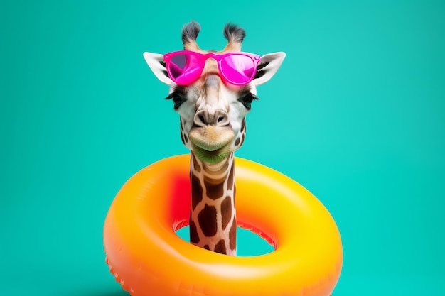 Una jirafa lista para unas vacaciones de verano con gafas de sol y un ai generativo de anillo de goma inflable