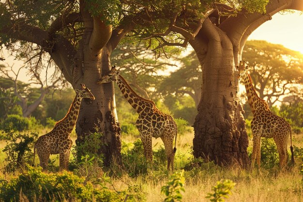 Foto una jirafa está de pie bajo un árbol con el sol brillando a través de ella