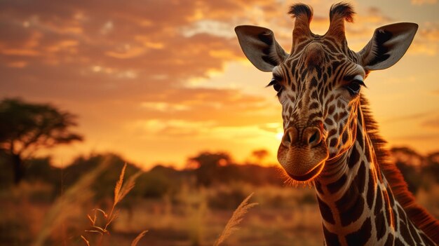 Una jirafa de pie en un campo al atardecer