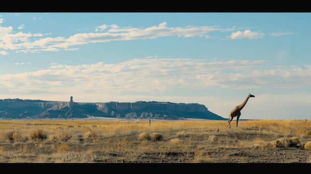 Una jirafa de pie en un campo con montañas en el fondo