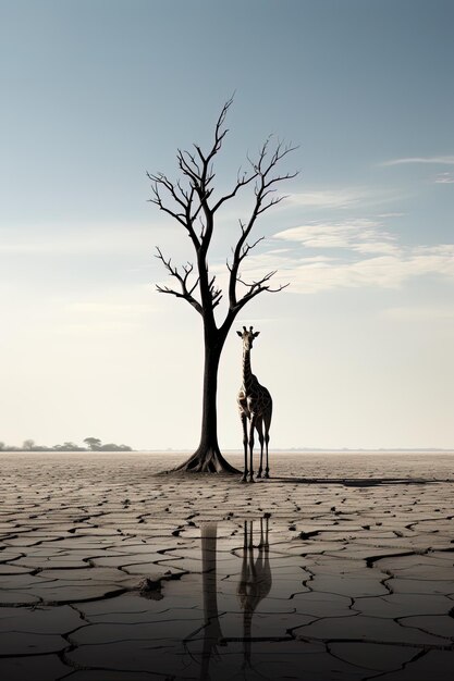 Foto una jirafa de pie en un desierto seco con un árbol muerto en el fondo