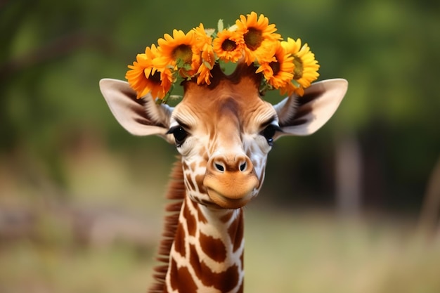 una jirafa con un ramo de girasoles en la cabeza