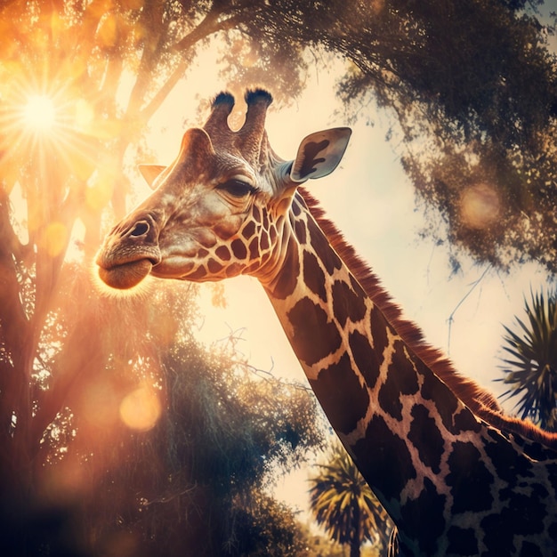 Una jirafa con el sol brillando sobre ella.