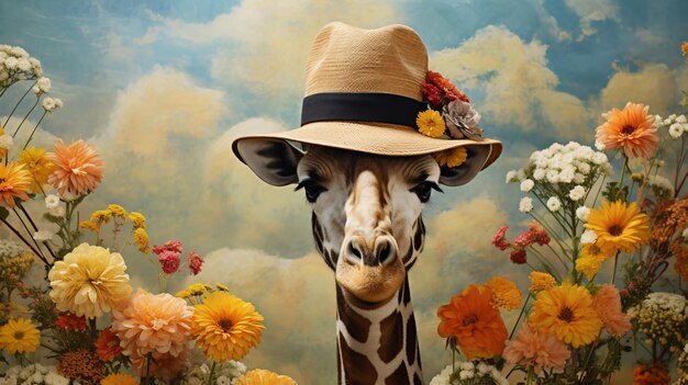 Foto una jirafa con sombrero de paja de pie en un campo de flores