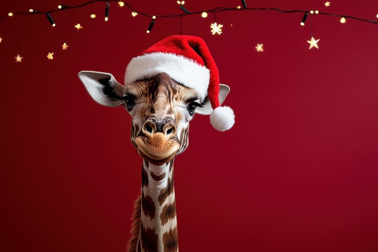 Una jirafa con un sombrero de Papá Noel está de pie frente a un fondo rojo añade un festivo