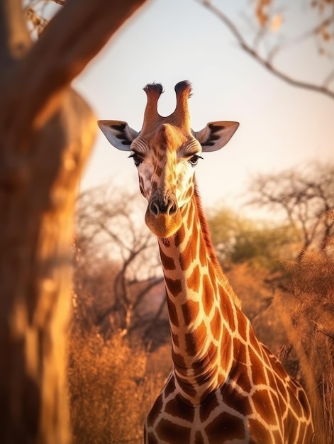 Jirafa en su hábitat natural, fotografía de vida silvestre: una elegante jirafa pastando en la sabana africana bañada por el sol, su largo cuello y su patrón de manchas destacan en el paisaje salvaje.