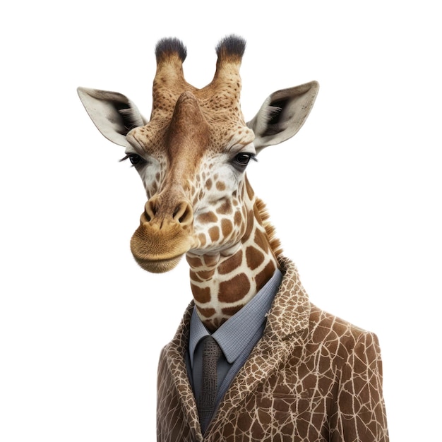 Una jirafa con traje de chaqueta y corbata.
