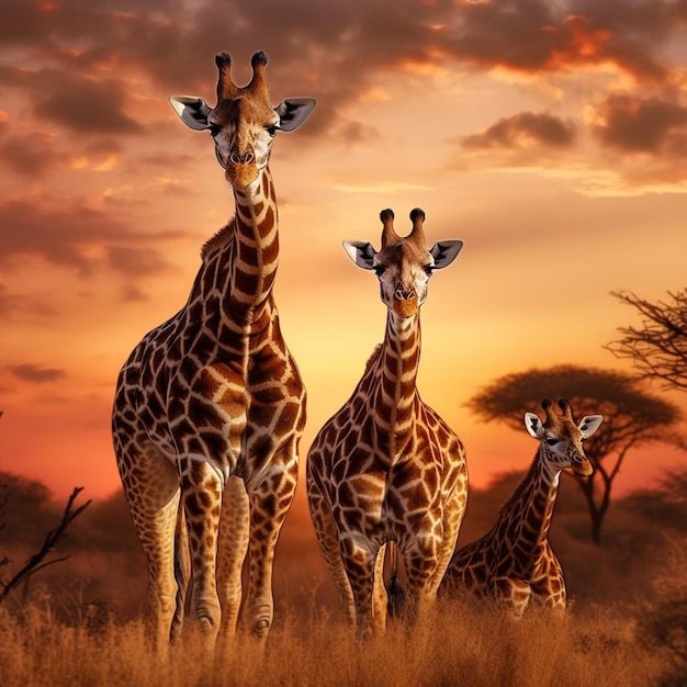 Las jirafas africanas de la serenidad del atardecer vagan con gracia por la sabana