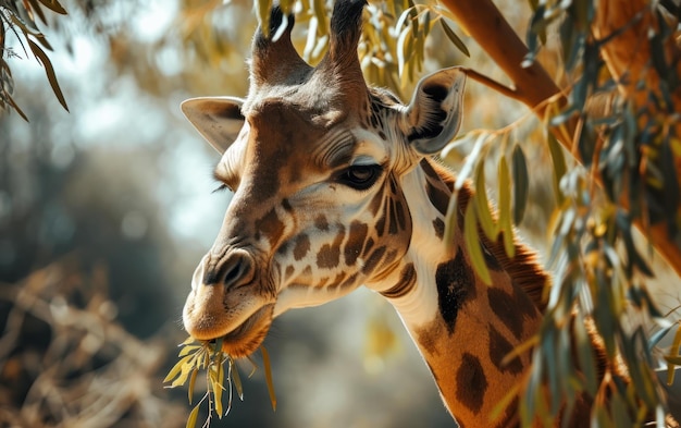 las jirafas arrancan delicadamente las hojas de una rama alta