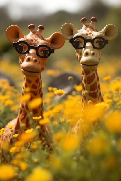 Las jirafas con gafas están sentadas en un campo de flores.