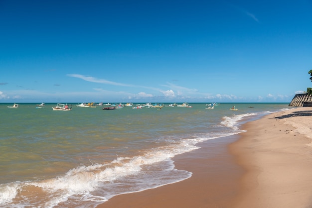 Joao Pessoa, Paraiba, Brasilien am 21. März 2019. Tambau Strand, Baum und Boote.