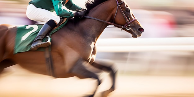 Jockey, der auf einem Rennpferd sitzt, saust mit hoher Geschwindigkeit zur Ziellinie auf dem Hippodrom auf verschwommenem Hintergrund