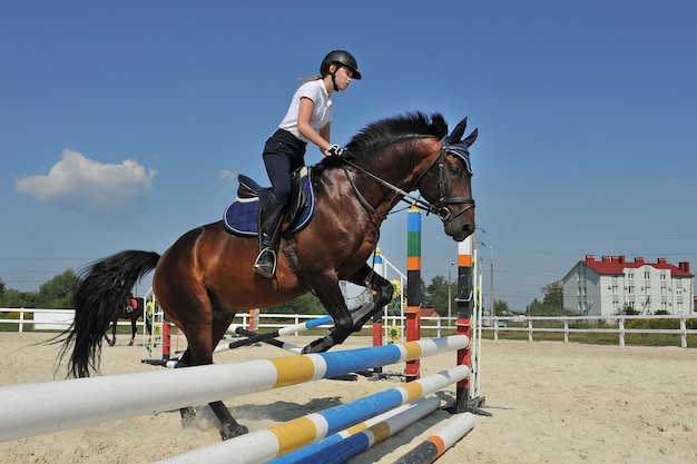 Jockey Mädchen auf der Farm mit ihrem Pferd