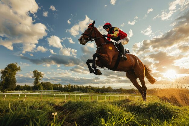 Foto jockey montando um cavalo em midjump durante uma corrida de obstáculos gerada por ia