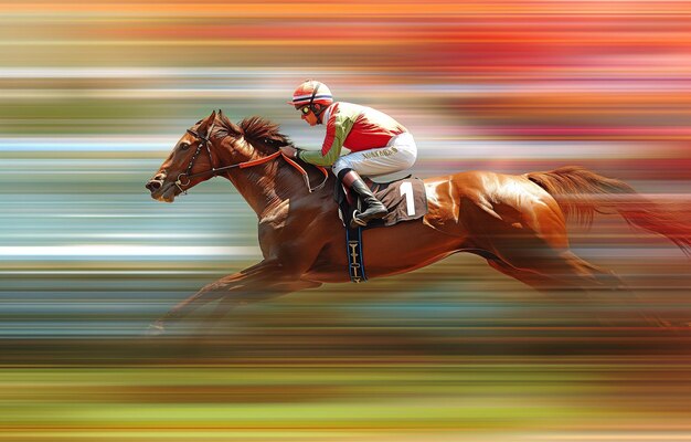 Foto jockey en movimiento rápido montando un caballo de carreras