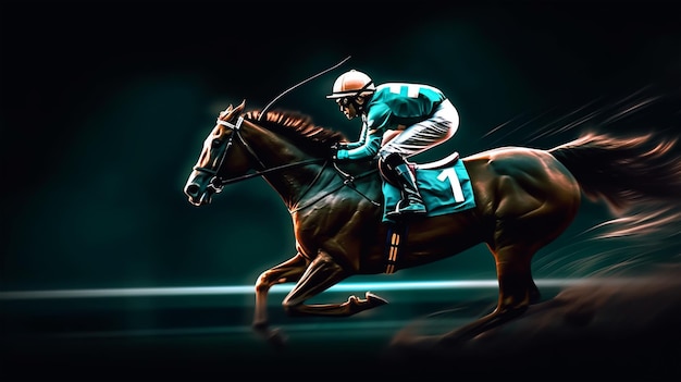 Jockey reitet auf einem Pferd in einem Rennen auf einem dunklen Hintergrund