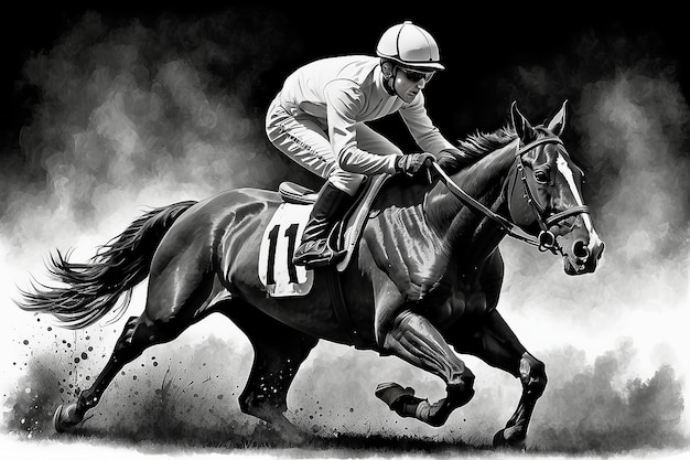 Jockey Riding Horse Esbozo de tinta del deporte ecuestre