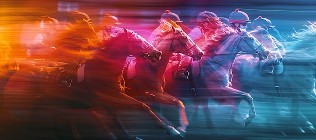 Jockeys corriendo en caballos vista en perspectiva estilo plano ilustración colorida