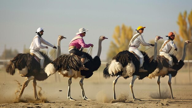 Foto jockeys montando avestruces durante una carrera en una granja de avestruces