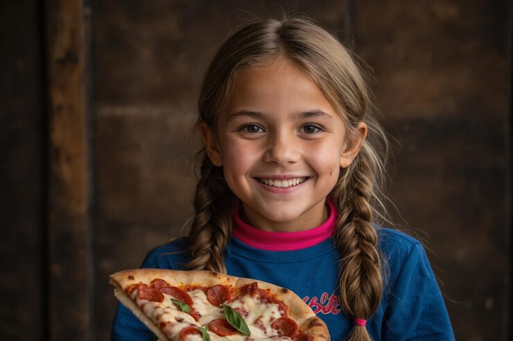 Foto jocund garota segurando uma fatia de pizza com um sorriso