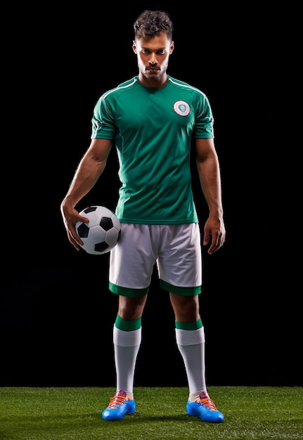 Joga Bonito Foto de estudio de longitud completa de un apuesto joven jugador de fútbol aislado en negro